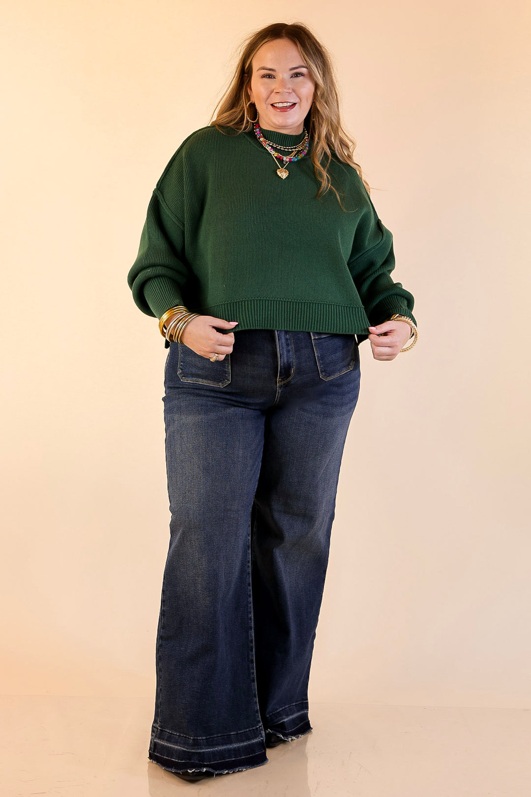 Fireside Fit Cropped Long Sleeve Mock Neck Sweater in Forest Green