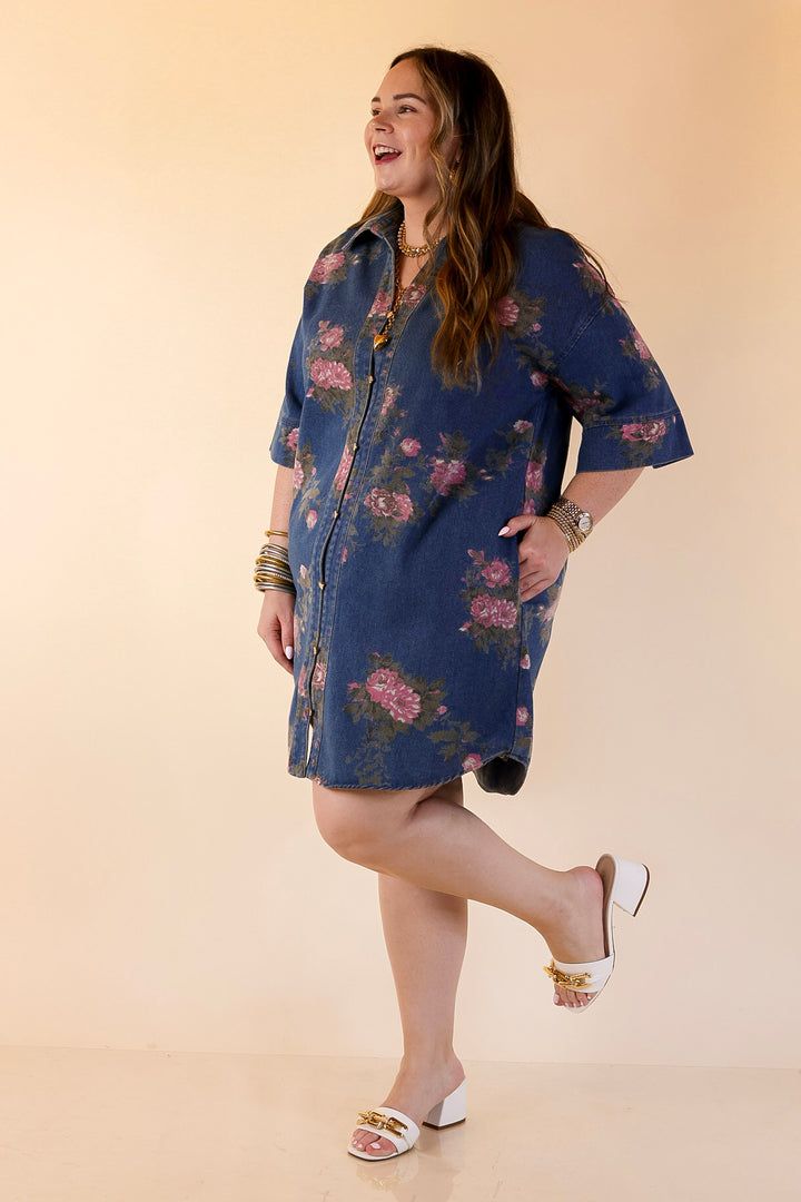 Flirting with Florals Floral Denim Shirt Dress with Gold Button Detail in Classic Blue Denim
