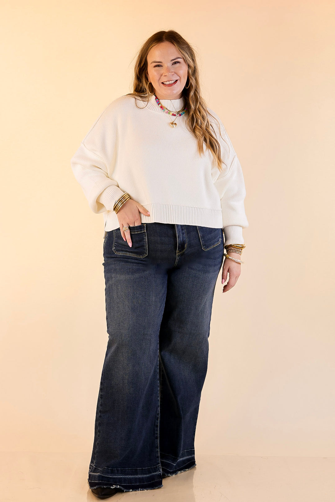 Fireside Fit Cropped Long Sleeve Mock Neck Sweater in Ivory