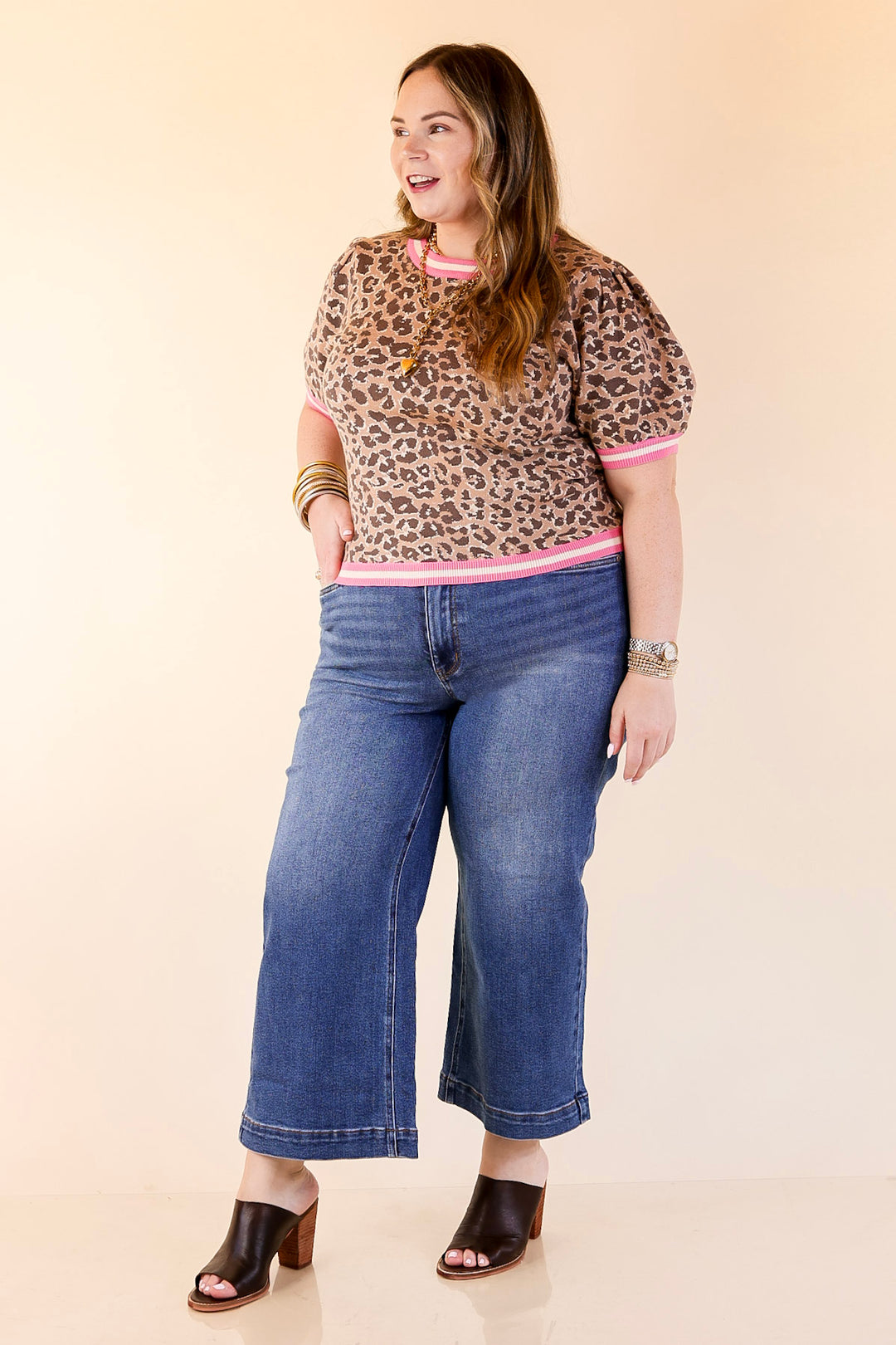 Feline Fine Leopard Print Short Sleeve Sweater with Contrast Trim in Pink