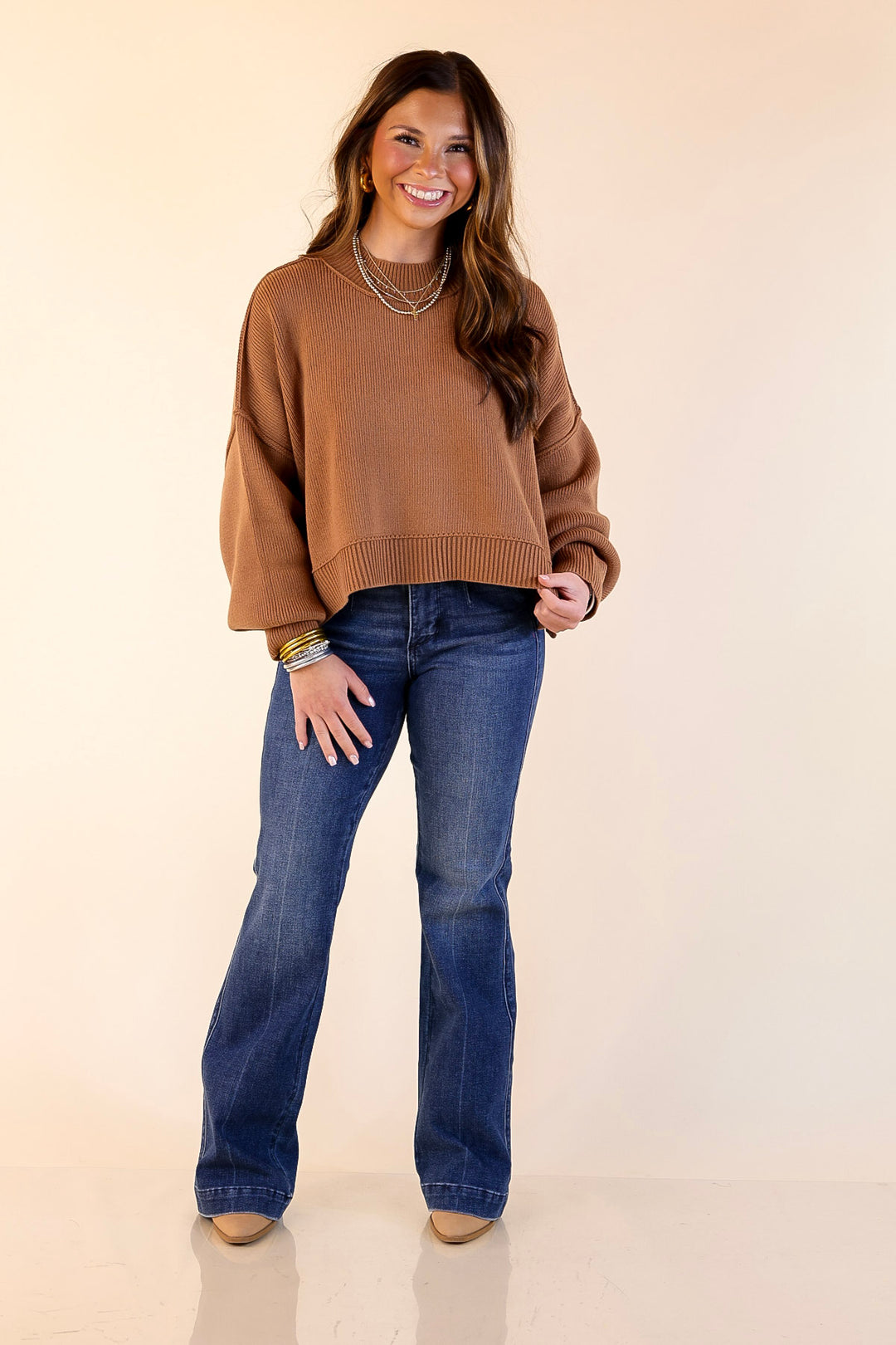 Fireside Fit Cropped Long Sleeve Mock Neck Sweater in Camel Brown