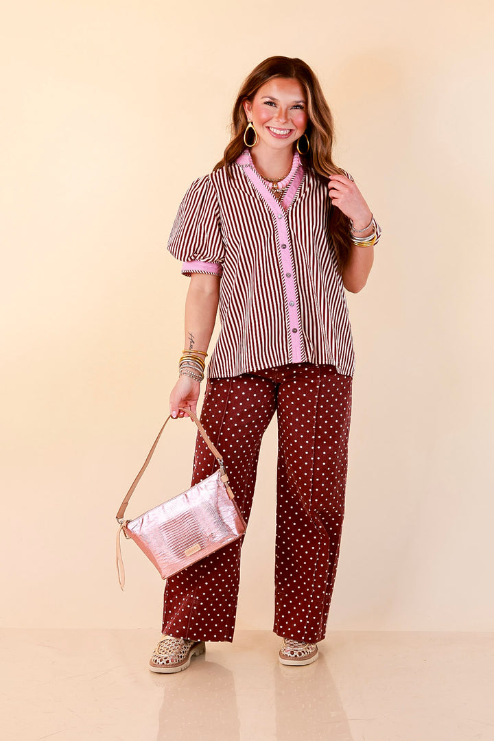 Rosy Outlook Polka Dot Print Wide Leg Denim Pants with Front Seam and Pockets in Maroon