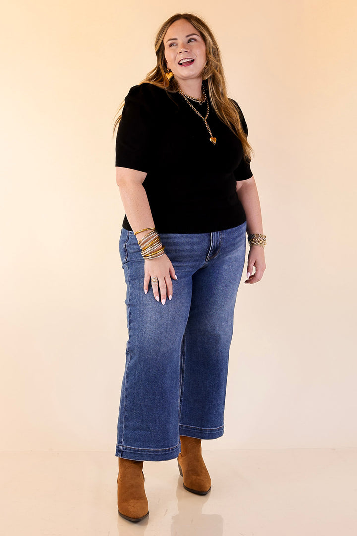 Sweet Sophistication Puff Short Sleeve Knit Sweater with Scoop Neck in Black