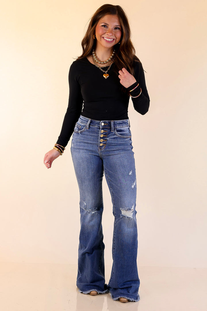 Judy Blue | The Statement Pair Button Fly Flare Jean in Medium Wash
