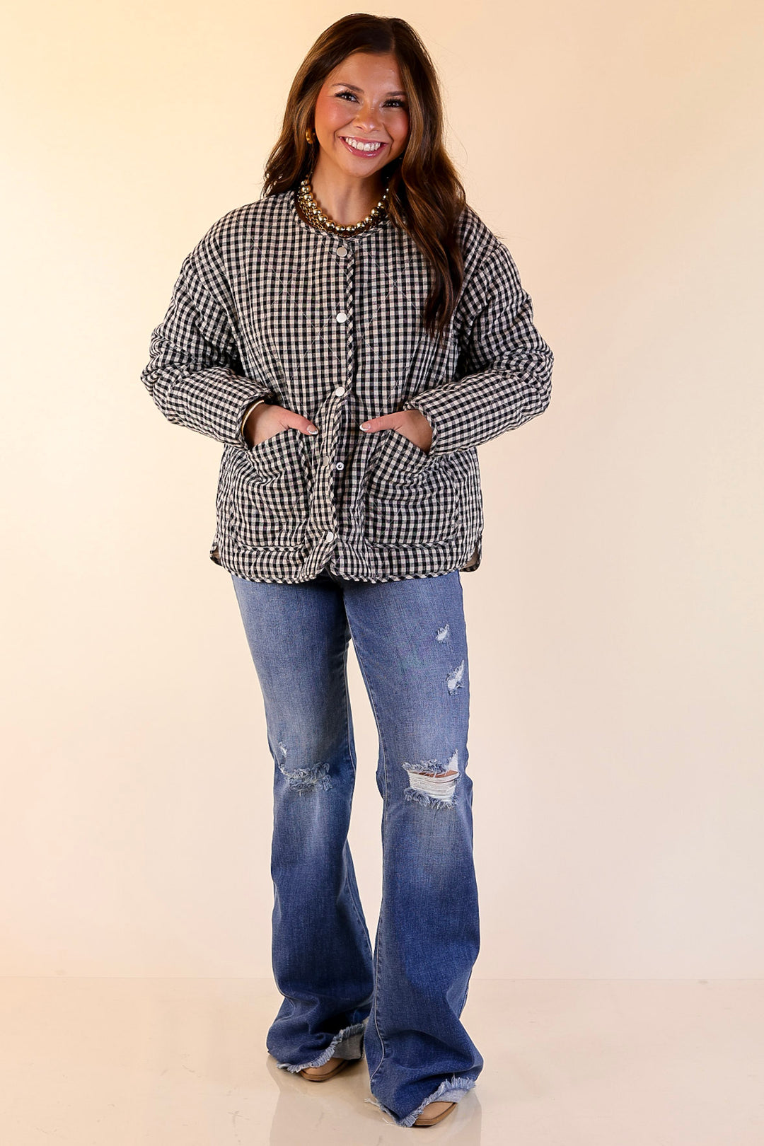 Check it Twice Quilted Gingham Plaid Jacket in Ivory and Black