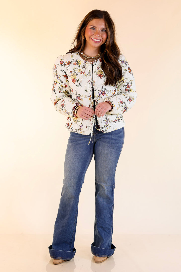 Chic in Bloom Quilted Floral Jacket with Front Ties in Ivory