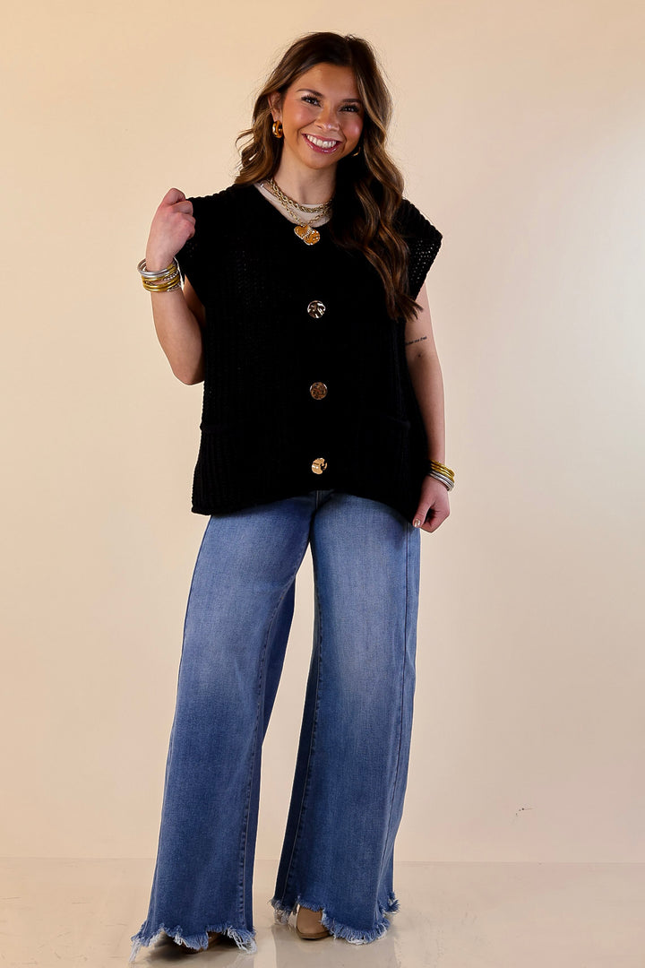 Always Effortless Oversized Button Down Large Knit Sweater Vest in Black