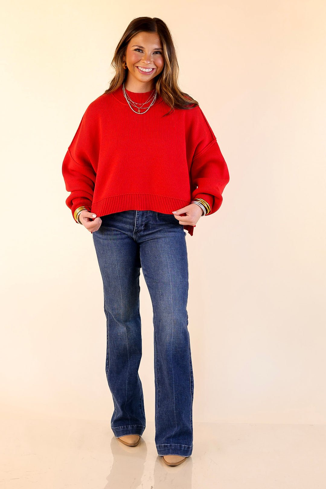 Fireside Fit Cropped Long Sleeve Mock Neck Sweater in Red