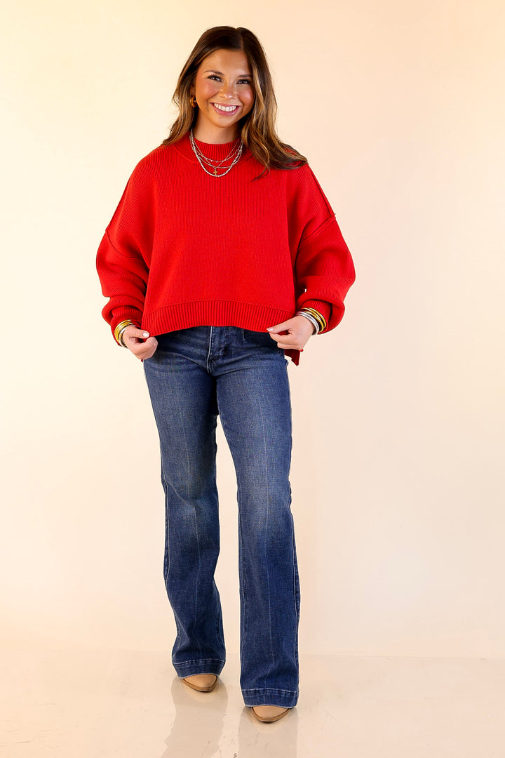 Fireside Fit Cropped Long Sleeve Mock Neck Sweater in Red