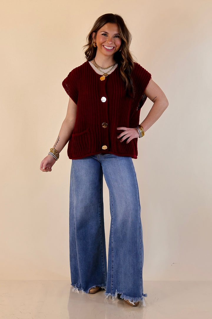 Always Effortless Oversized Button Down Large Knit Sweater Vest in Maroon