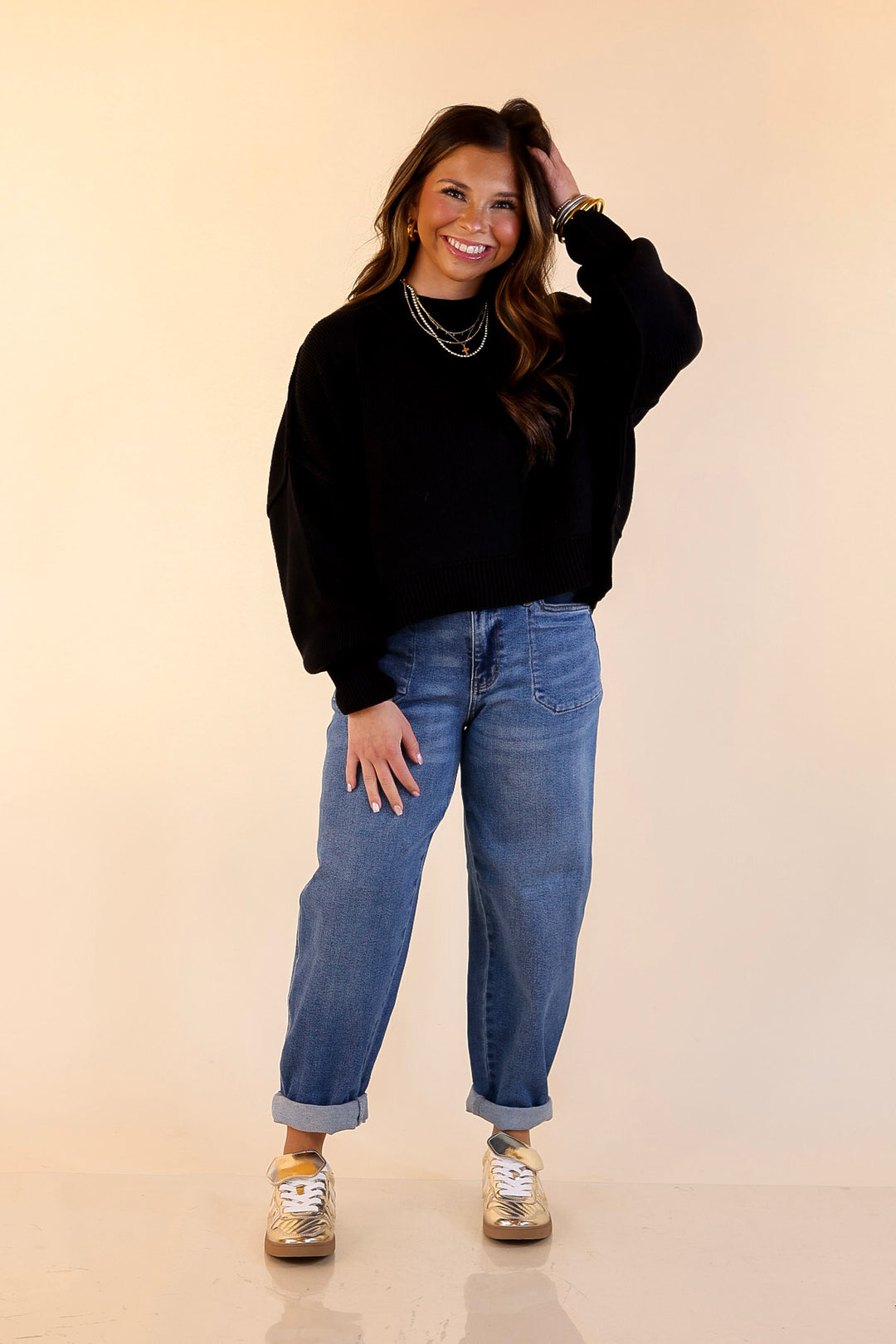 Fireside Fit Cropped Long Sleeve Mock Neck Sweater in Black