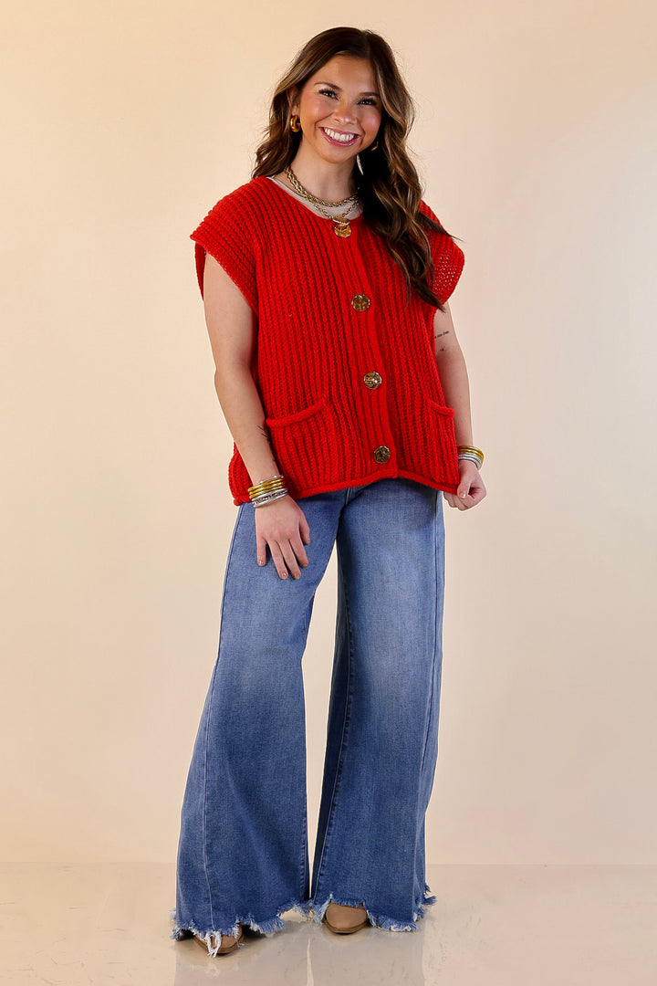 Always Effortless Oversized Button Down Large Knit Sweater Vest in Red