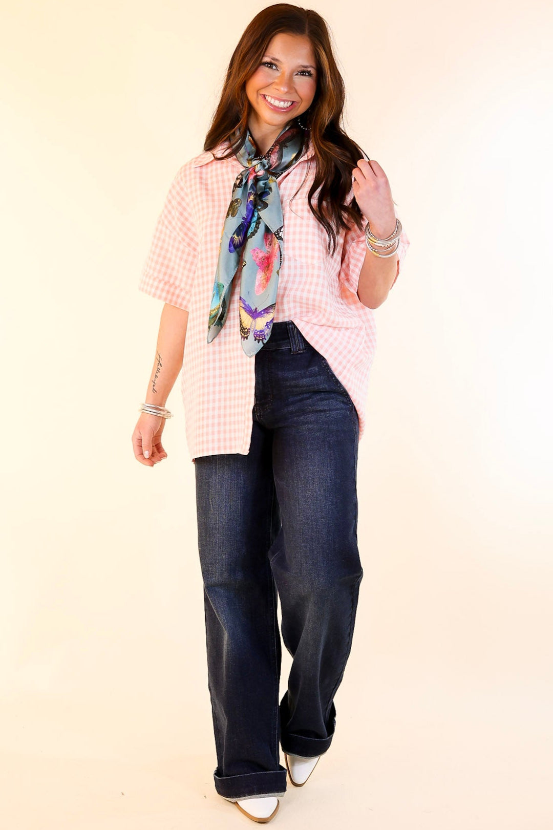 What A Rush Button Up Gingham Short Sleeve Top in Light Pink