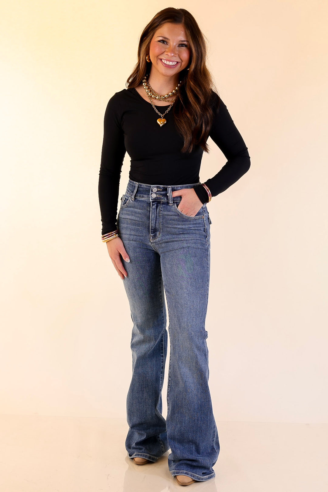 Judy Blue | Made for More Double Button Flare Jean in Medium Wash