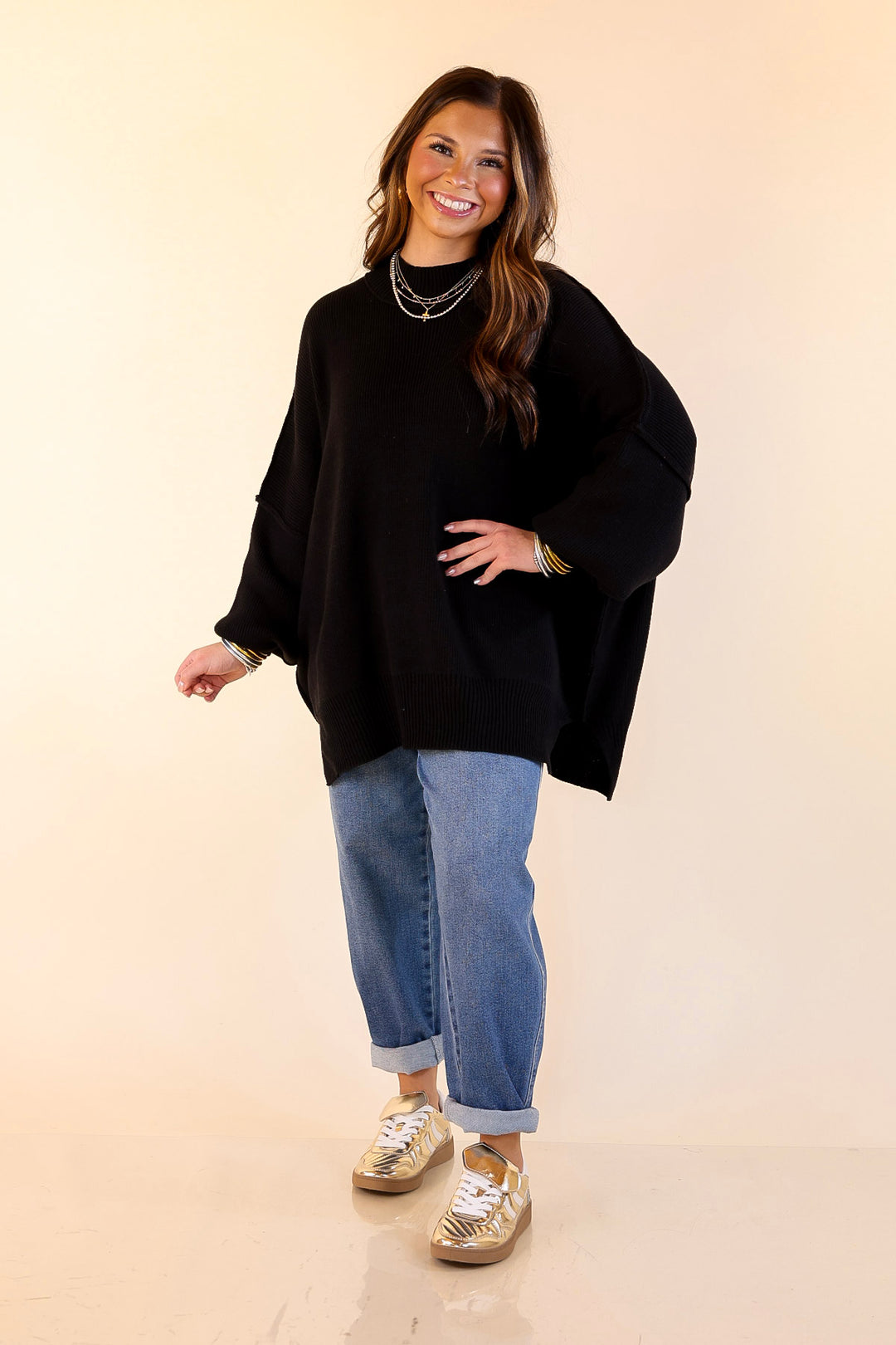 Snug and Stylish Mock Neck Sweater with Side Slit in Black