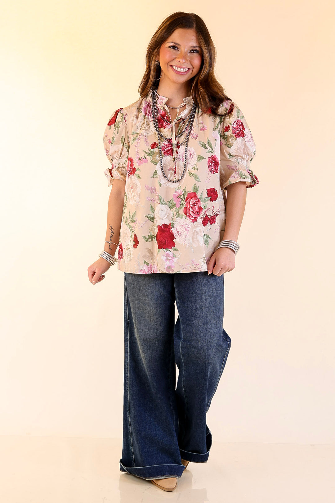 Freshly Picked Floral Print Top with Short Puff Sleeves in Beige