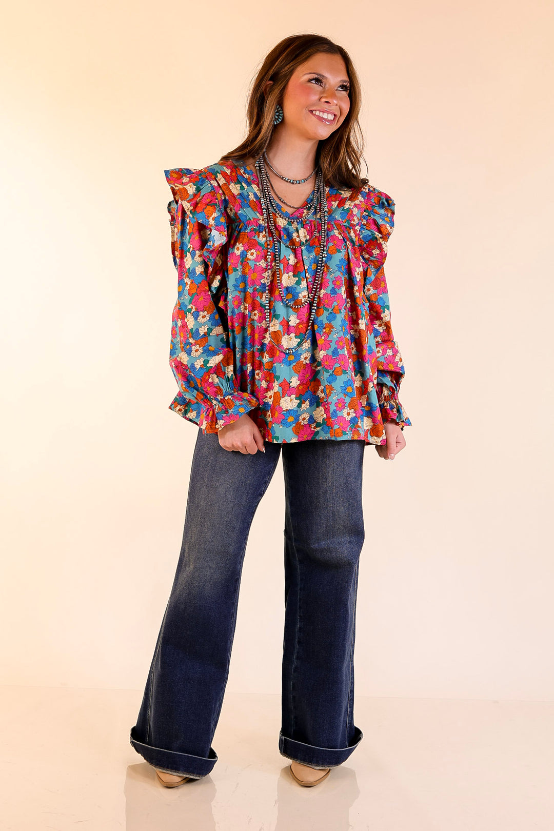 Coffee Perks Floral Ruffle Detail Long Sleeve Top in Turquoise Blue