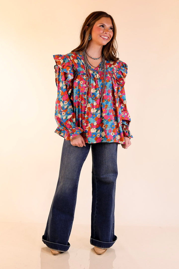 Coffee Perks Floral Ruffle Detail Long Sleeve Top in Turquoise Blue