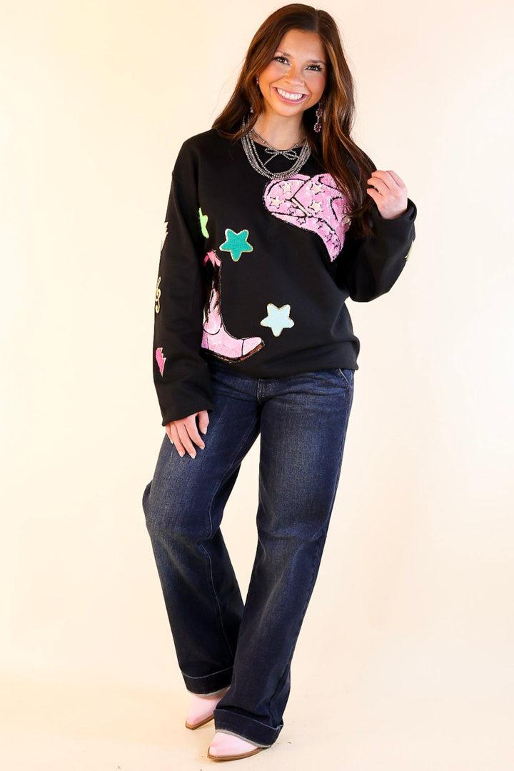 Nashville Lights Chenille and Sequin Patch Graphic Sweatshirt in Black