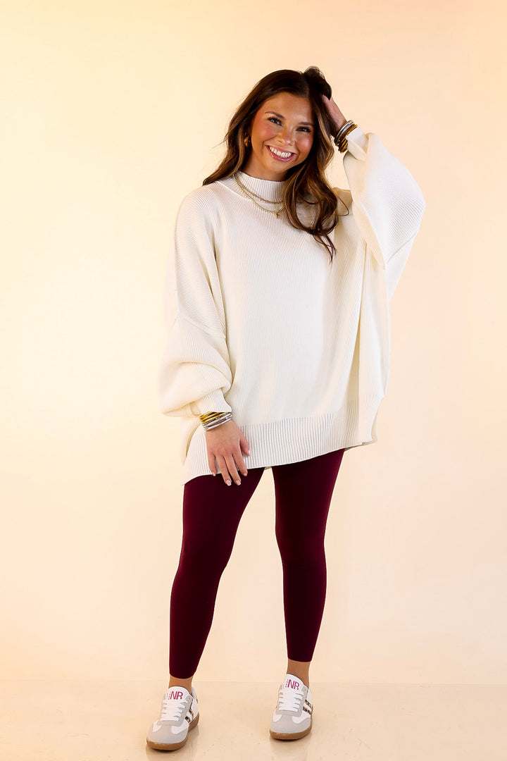 Snug and Stylish Mock Neck Sweater with Side Slit in Ivory