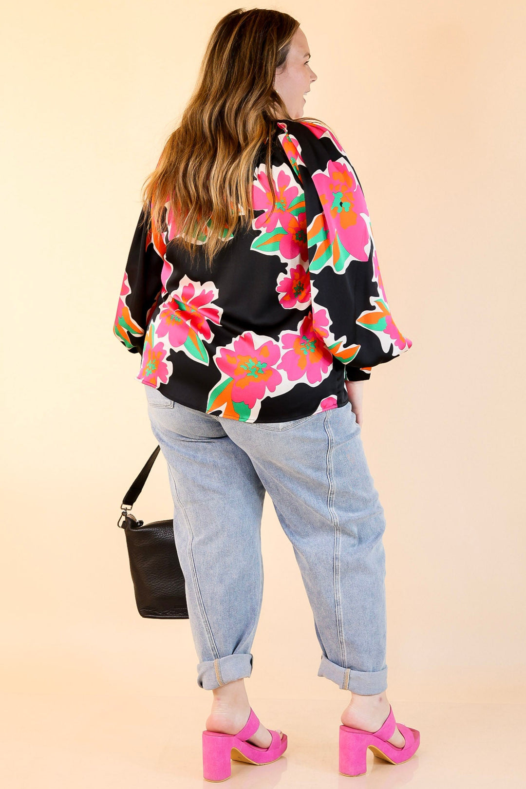 Peony Path Long Sleeve Floral Top with V Neckline in Black