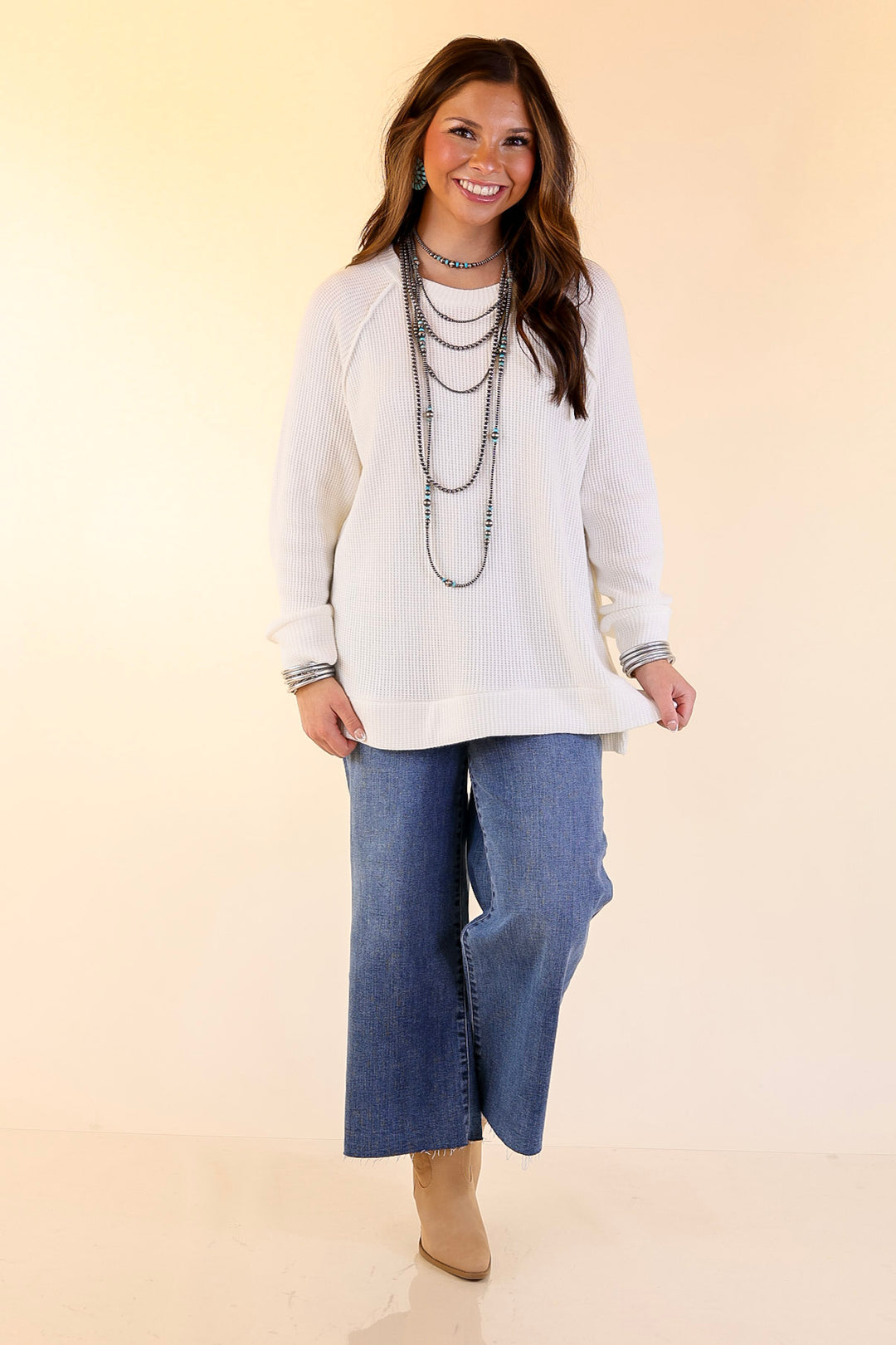 Essentially Chic Waffle Knit Long Sleeve Scoop Neck Top in Ivory