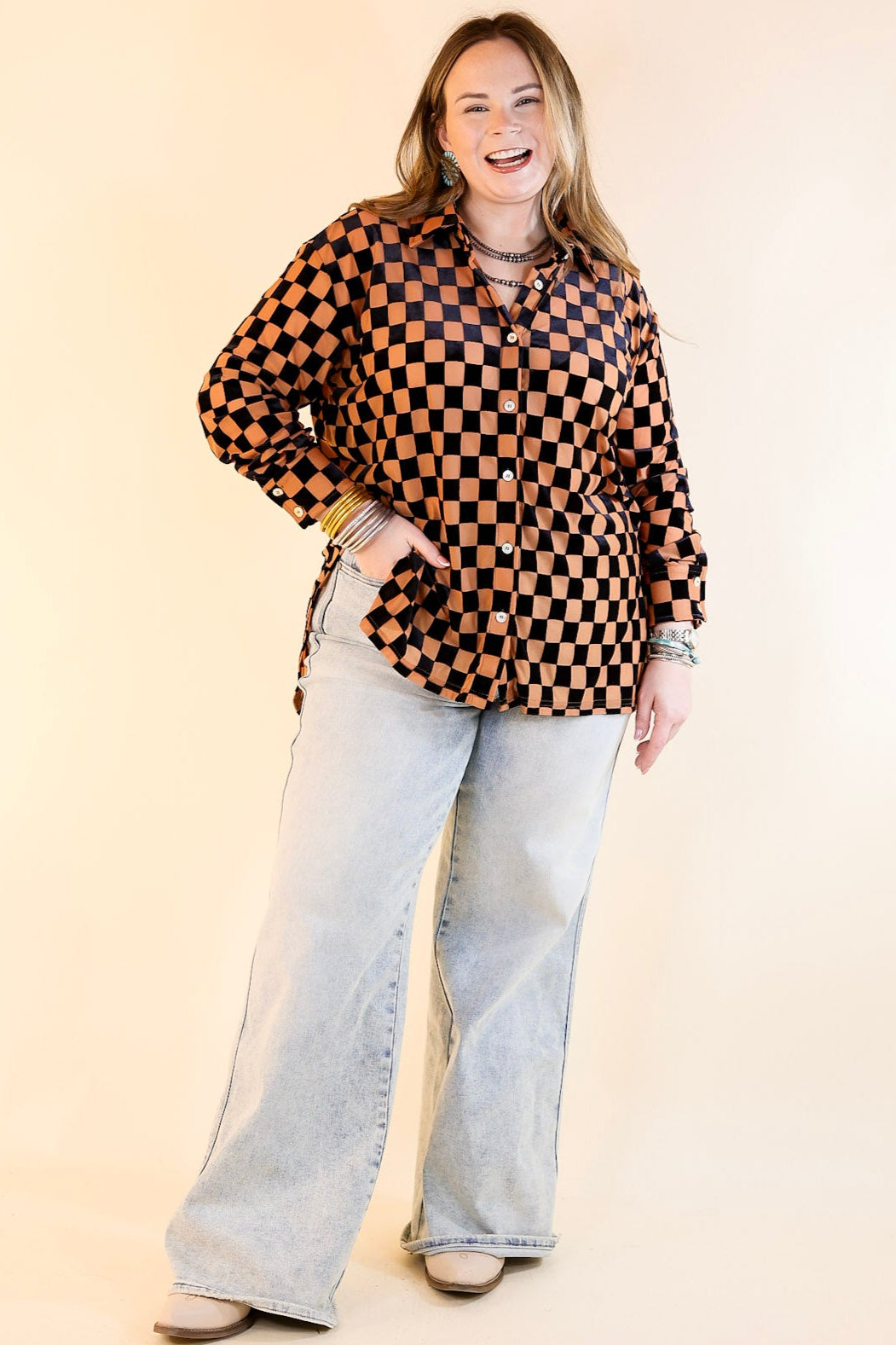 Style Icon Checkered Velvet Button Up Top in Black and Nude