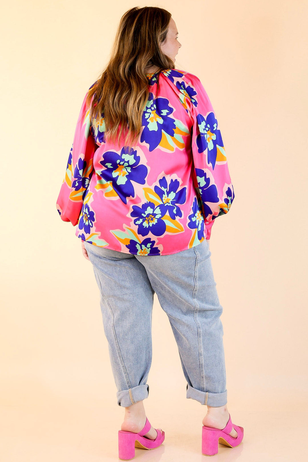 Peony Path Long Sleeve Floral Top with V Neckline in Pink