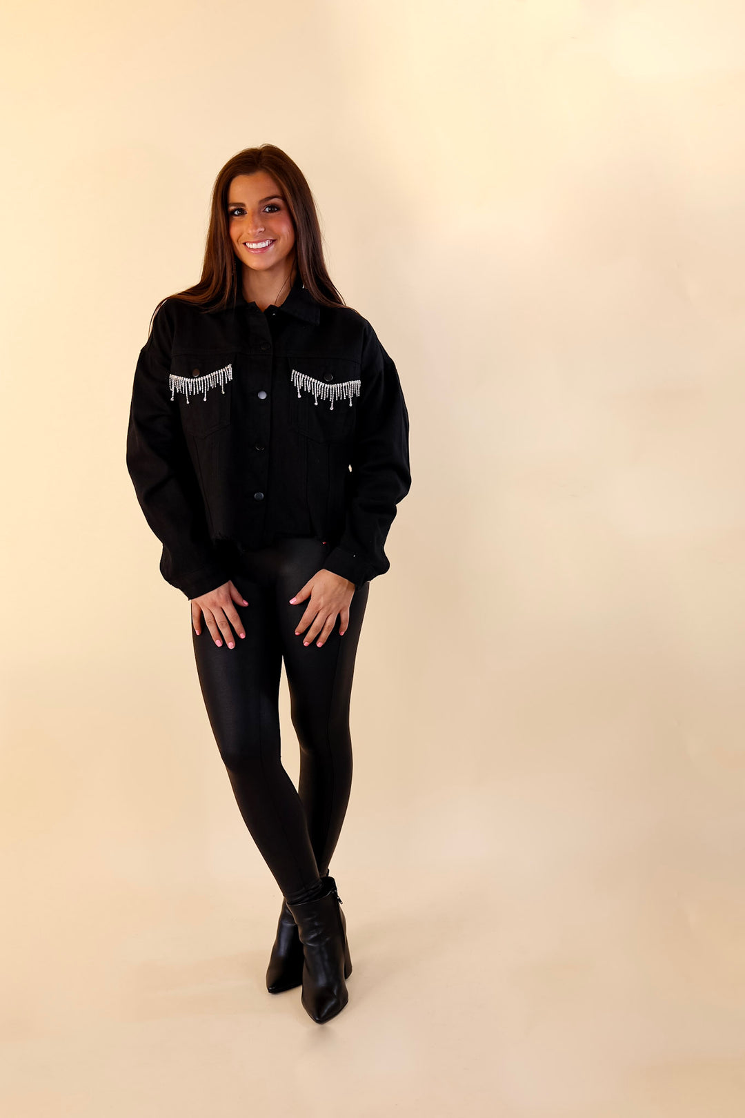 Made To Shine Crystal Fringe Pocket Cropped Denim Jacket in Black - Giddy Up Glamour Boutique