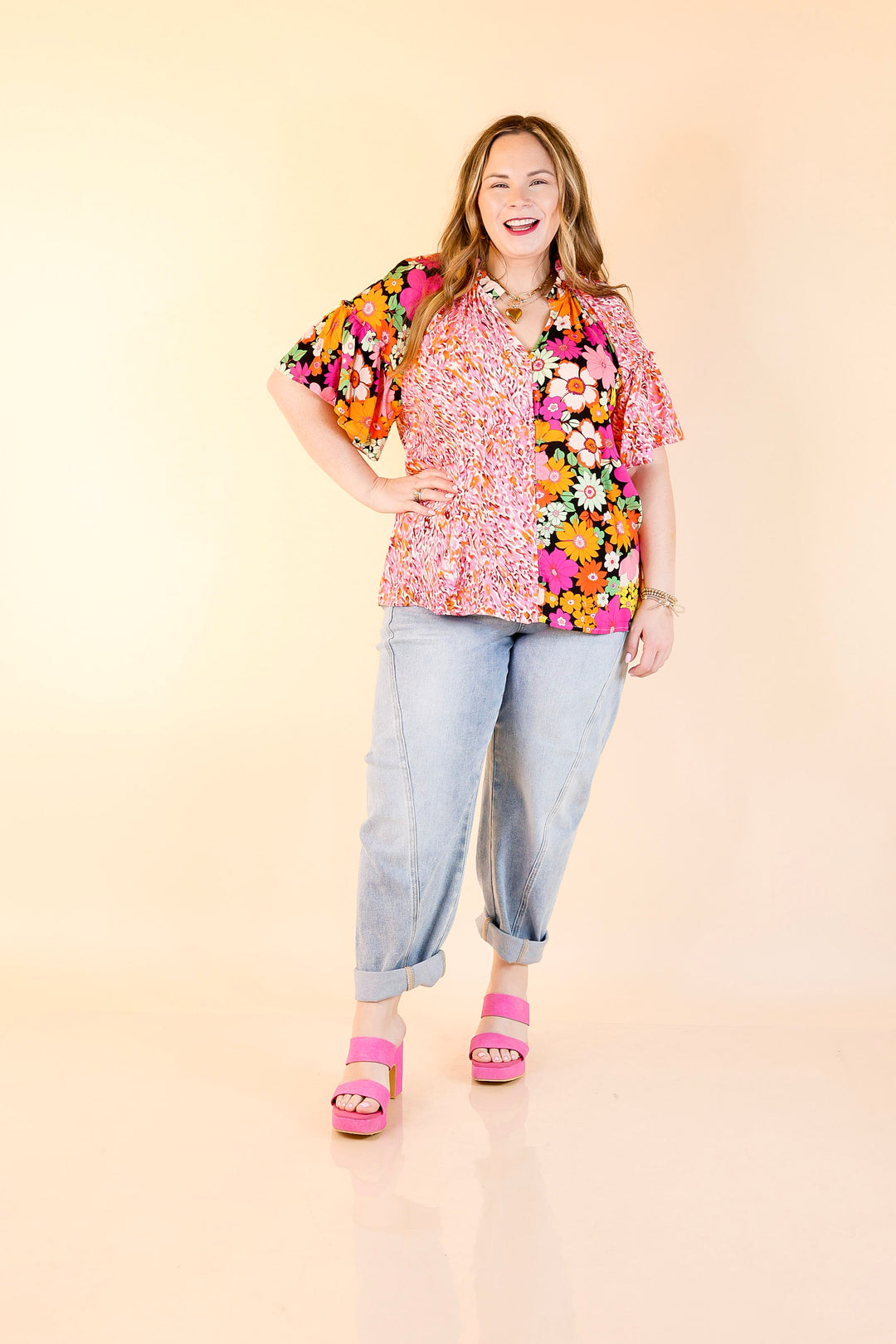 Double Time Abstract Print and Floral Print Top in Black and White