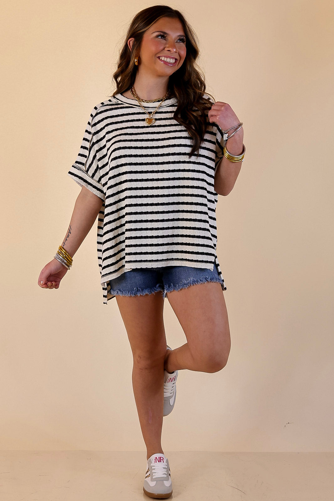 On The Daily Scoop Neck Short Sleeve Striped Textured Top in Black
