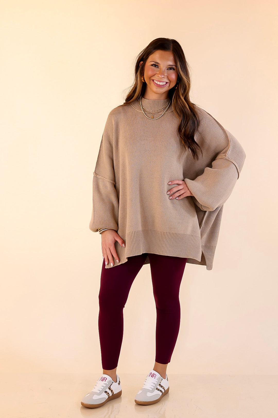 Snug and Stylish Mock Neck Sweater with Side Slit in Light Mocha Brown