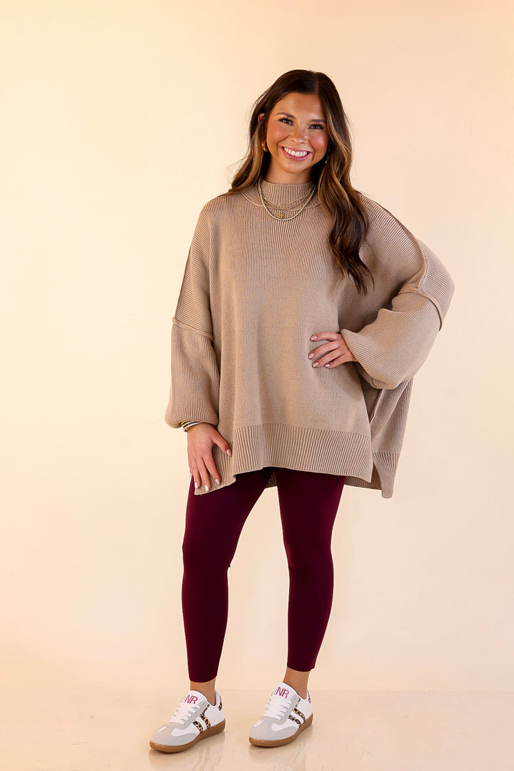 Snug and Stylish Mock Neck Sweater with Side Slit in Light Mocha Brown
