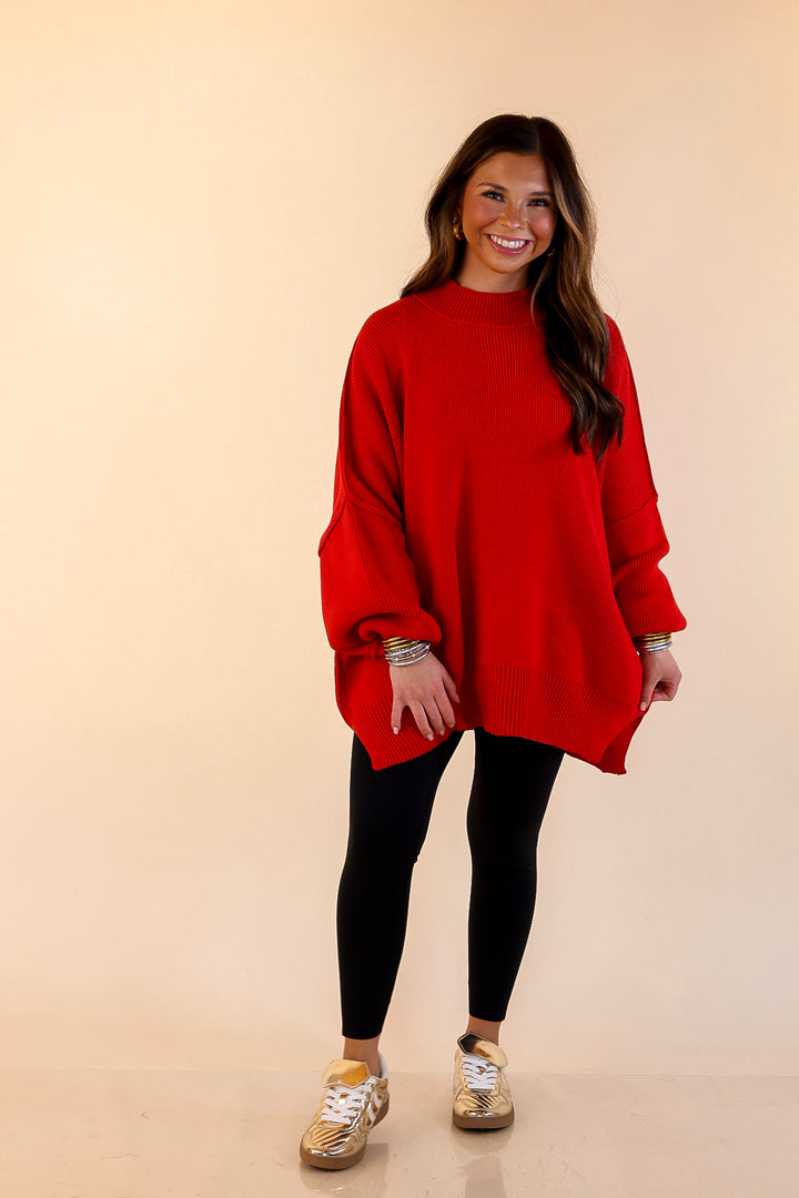Snug and Stylish Mock Neck Sweater with Side Slit in Ruby Red