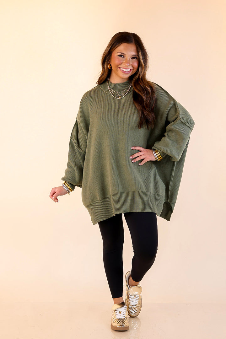 Snug and Stylish Mock Neck Sweater with Side Slit in Olive Green