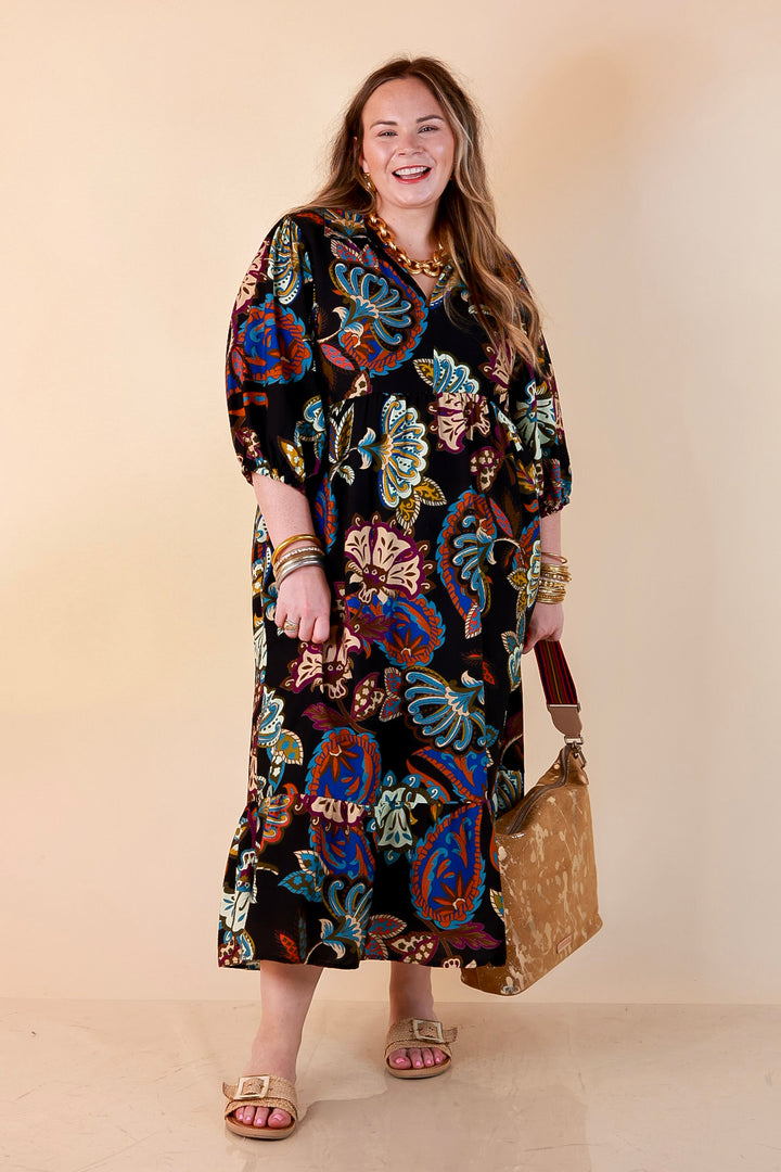 Season of Style Floral Print V Neck 3/4 Sleeve Collared Tiered Midi Dress in Black Multi