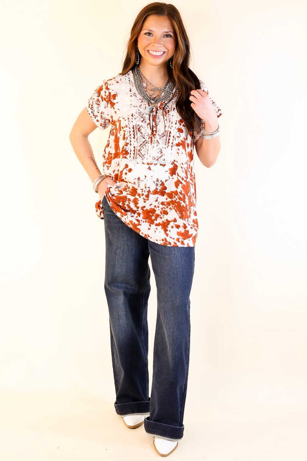 Hear The Applause Embroidered Top in White and Rust Orange