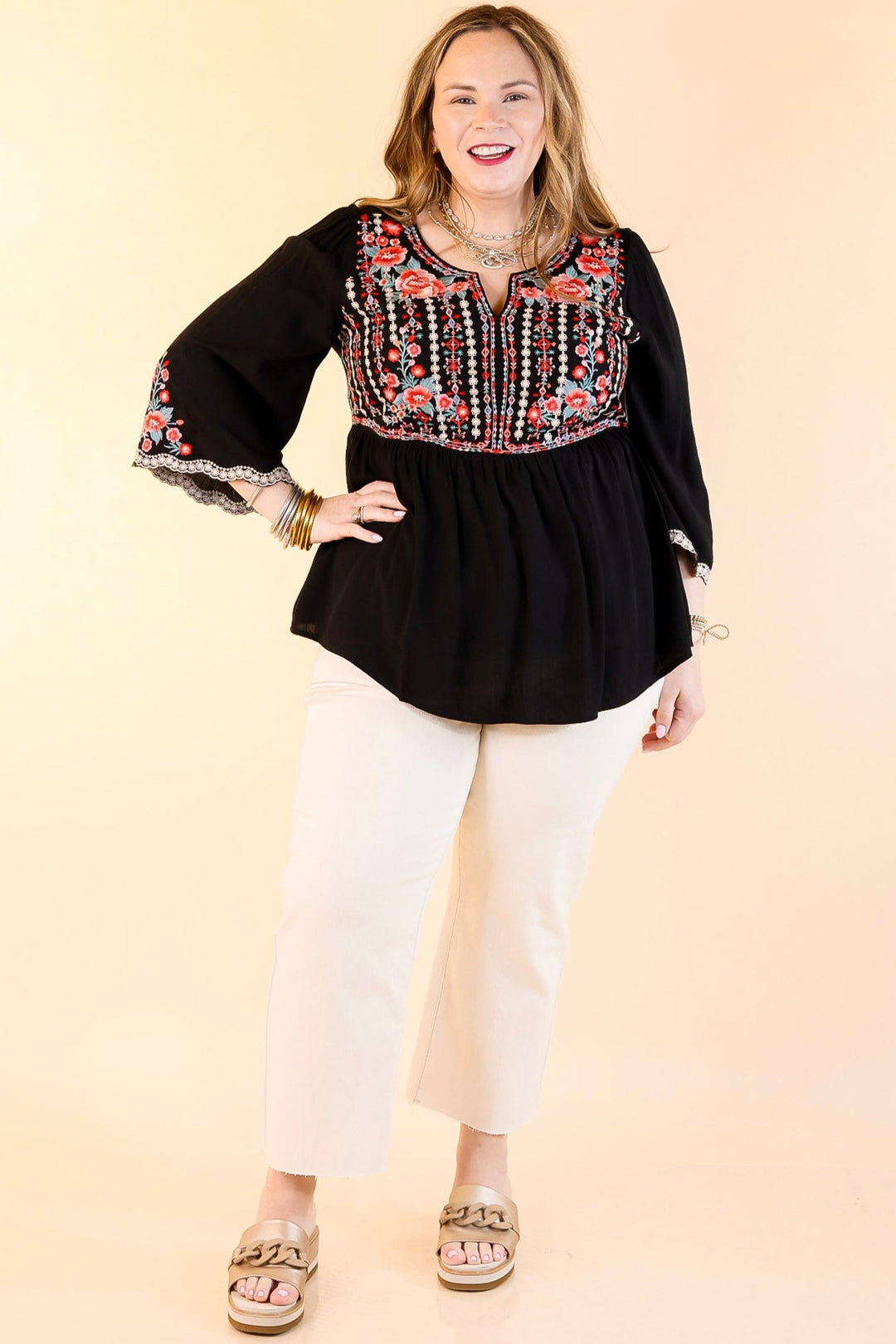 Already Mine 3/4 Bell Sleeve Embroidered Babydoll Top in Black