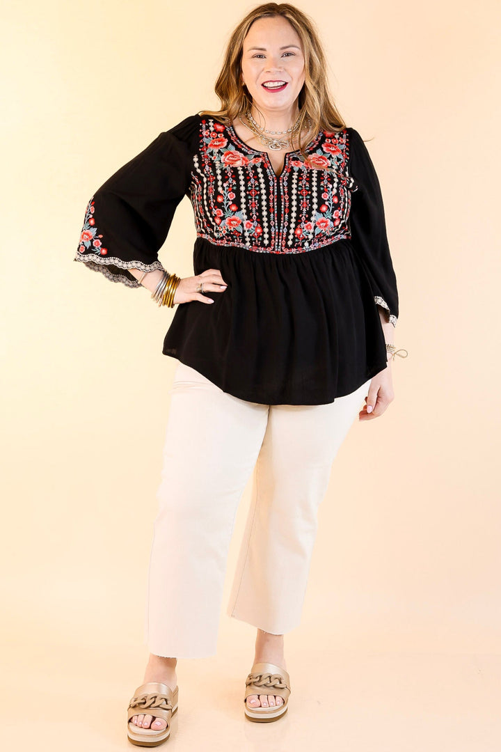 Already Mine 3/4 Bell Sleeve Embroidered Babydoll Top in Black