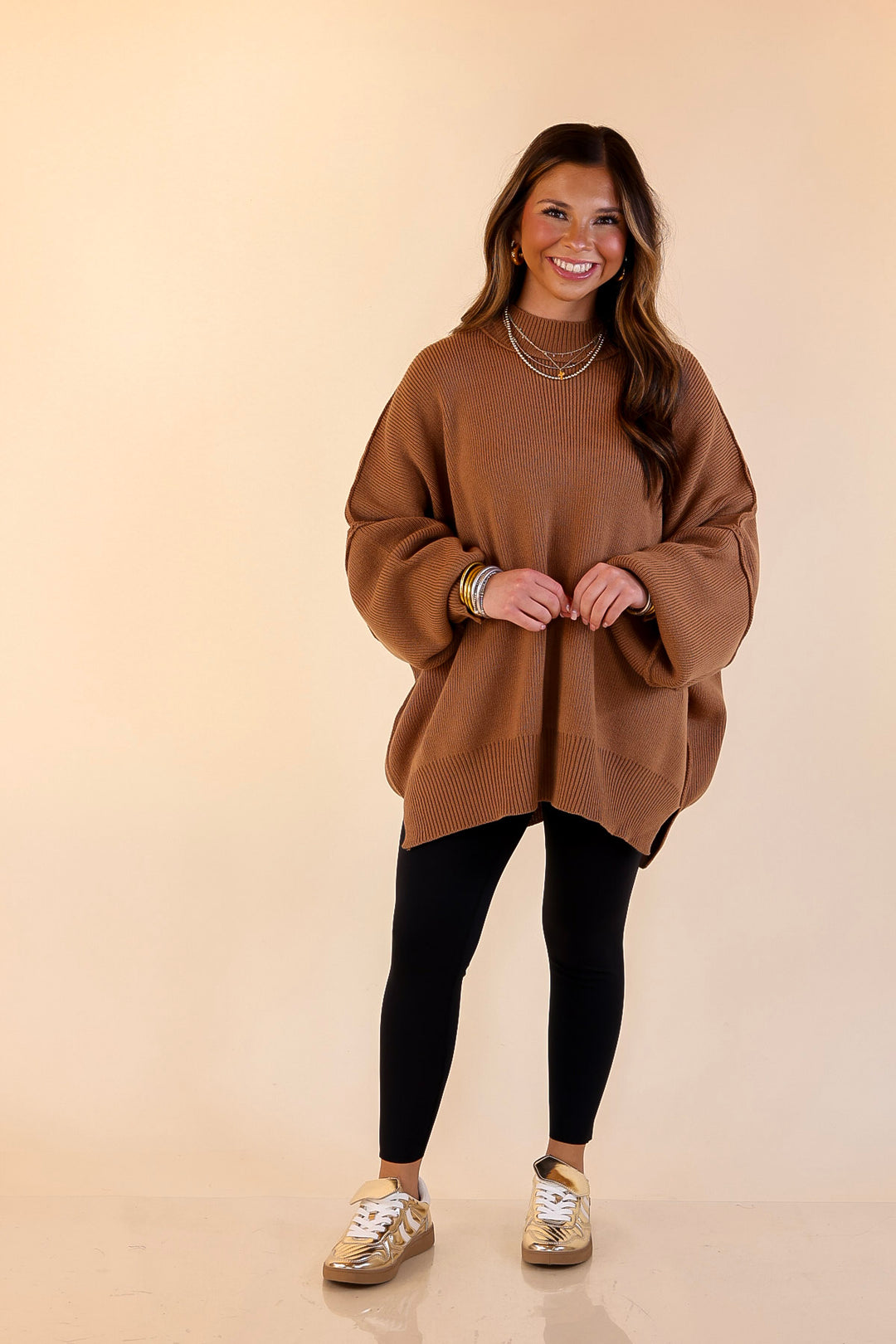 Snug and Stylish Mock Neck Sweater with Side Slit in Camel Brown