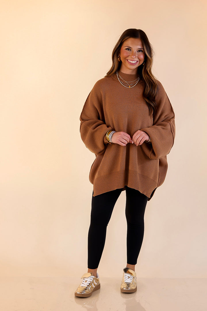 Snug and Stylish Mock Neck Sweater with Side Slit in Camel Brown