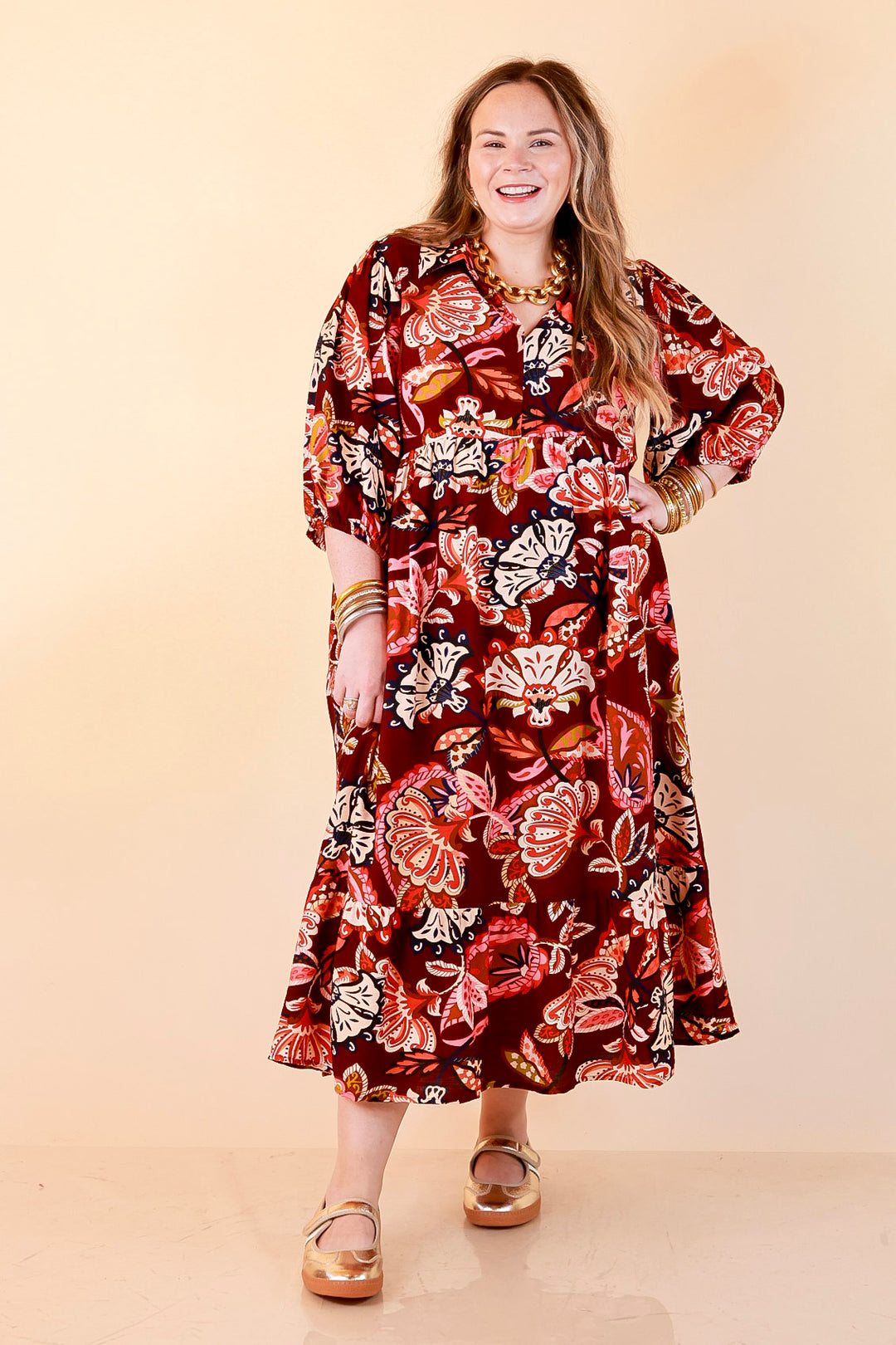 Season of Style Floral Print V Neck 3/4 Sleeve Collared Tiered Midi Dress in Maroon Multi