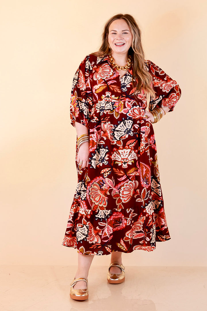 Season of Style Floral Print V Neck 3/4 Sleeve Collared Tiered Midi Dress in Maroon Multi