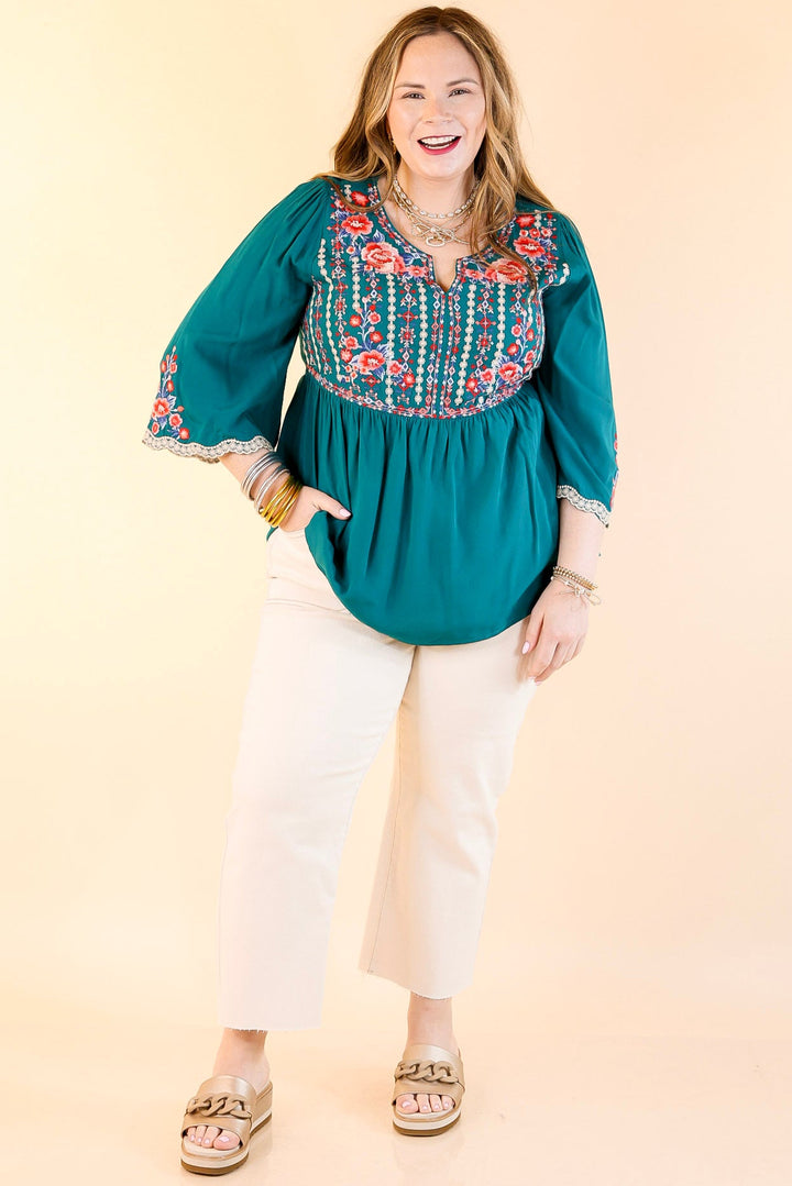 Already Mine 3/4 Bell Sleeve Embroidered Babydoll Top in Teal