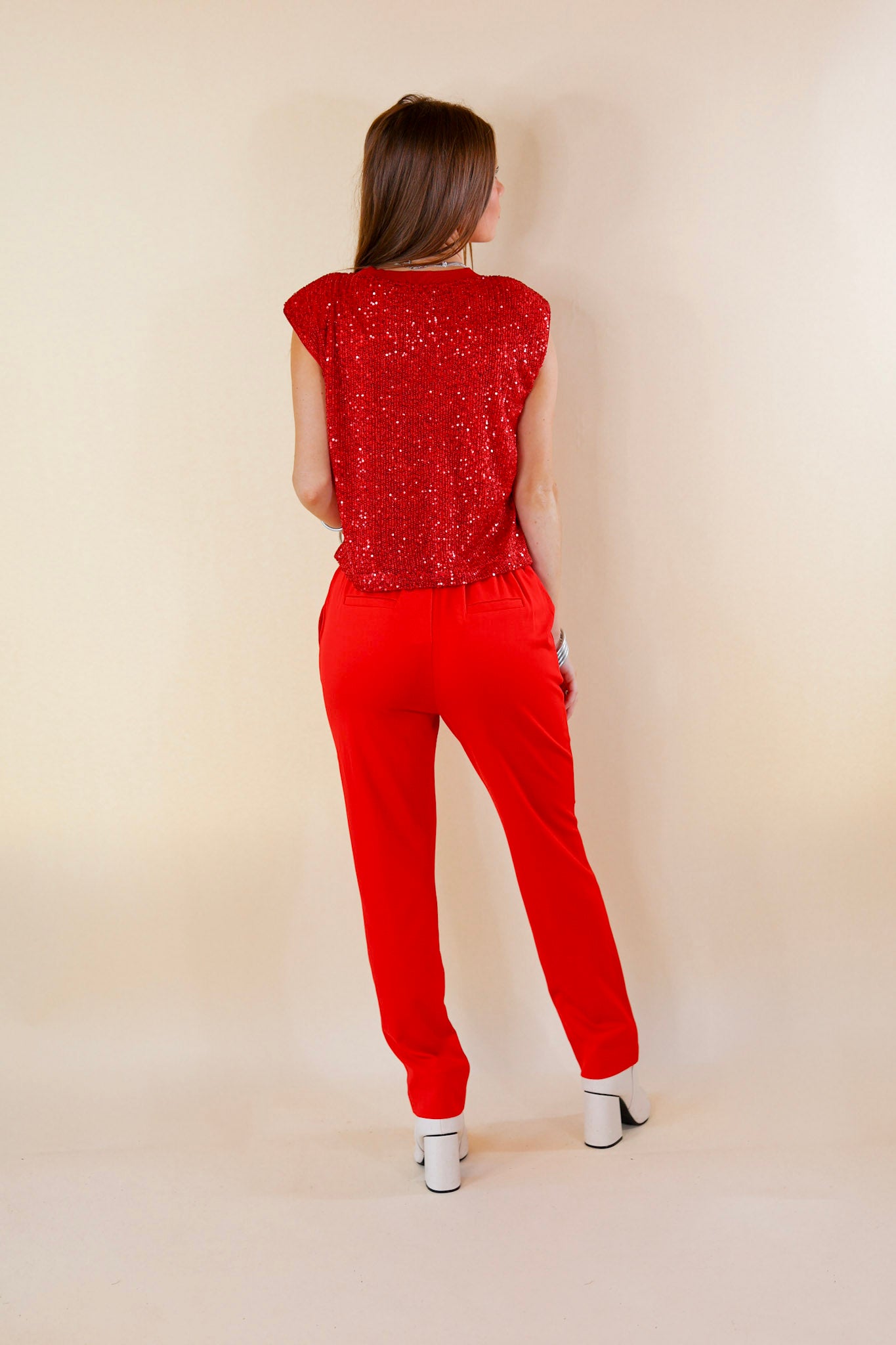 Sequin Sleek Red Sleeveless Top - Giddy Up Glamour Boutique