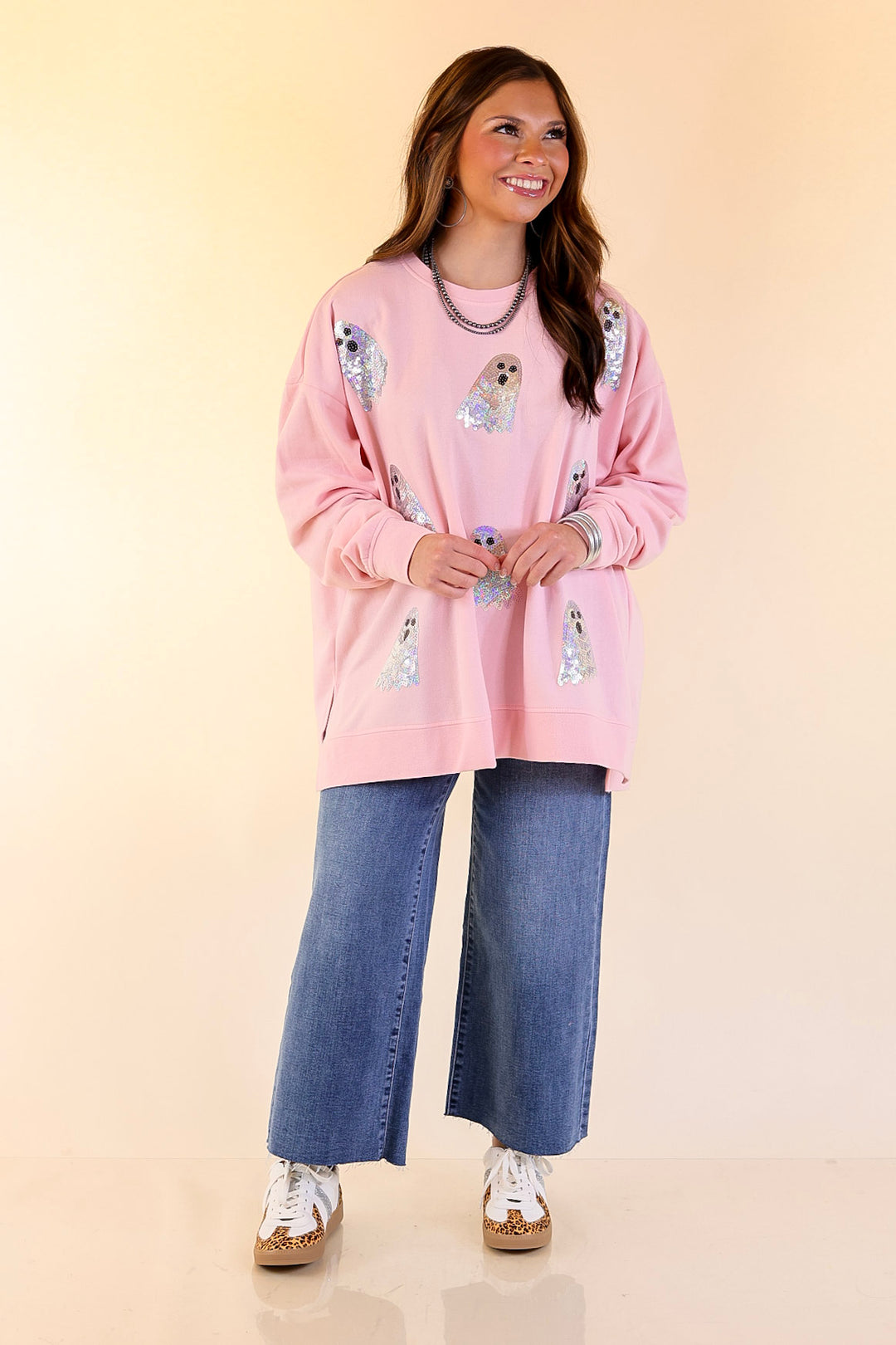 Mud Pie | Too Cute to Spook Crew Neck Sweatshirt with Side Slits and Sequin Ghosts in Pink
