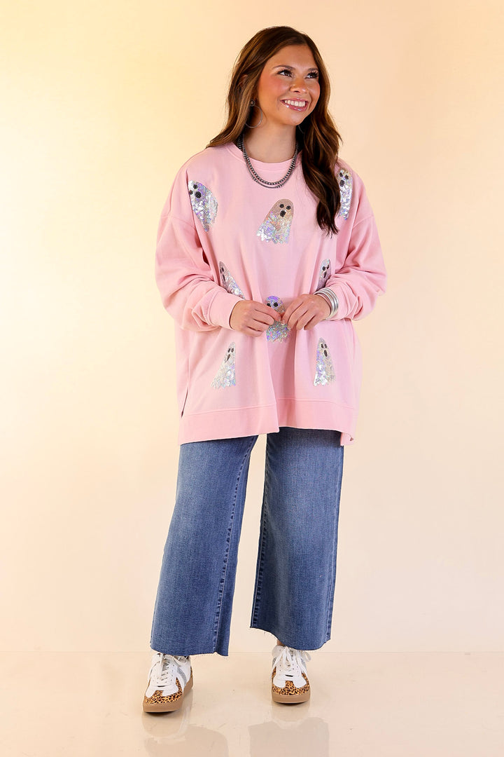 Mud Pie | Too Cute to Spook Crew Neck Sweatshirt with Side Slits and Sequin Ghosts in Pink