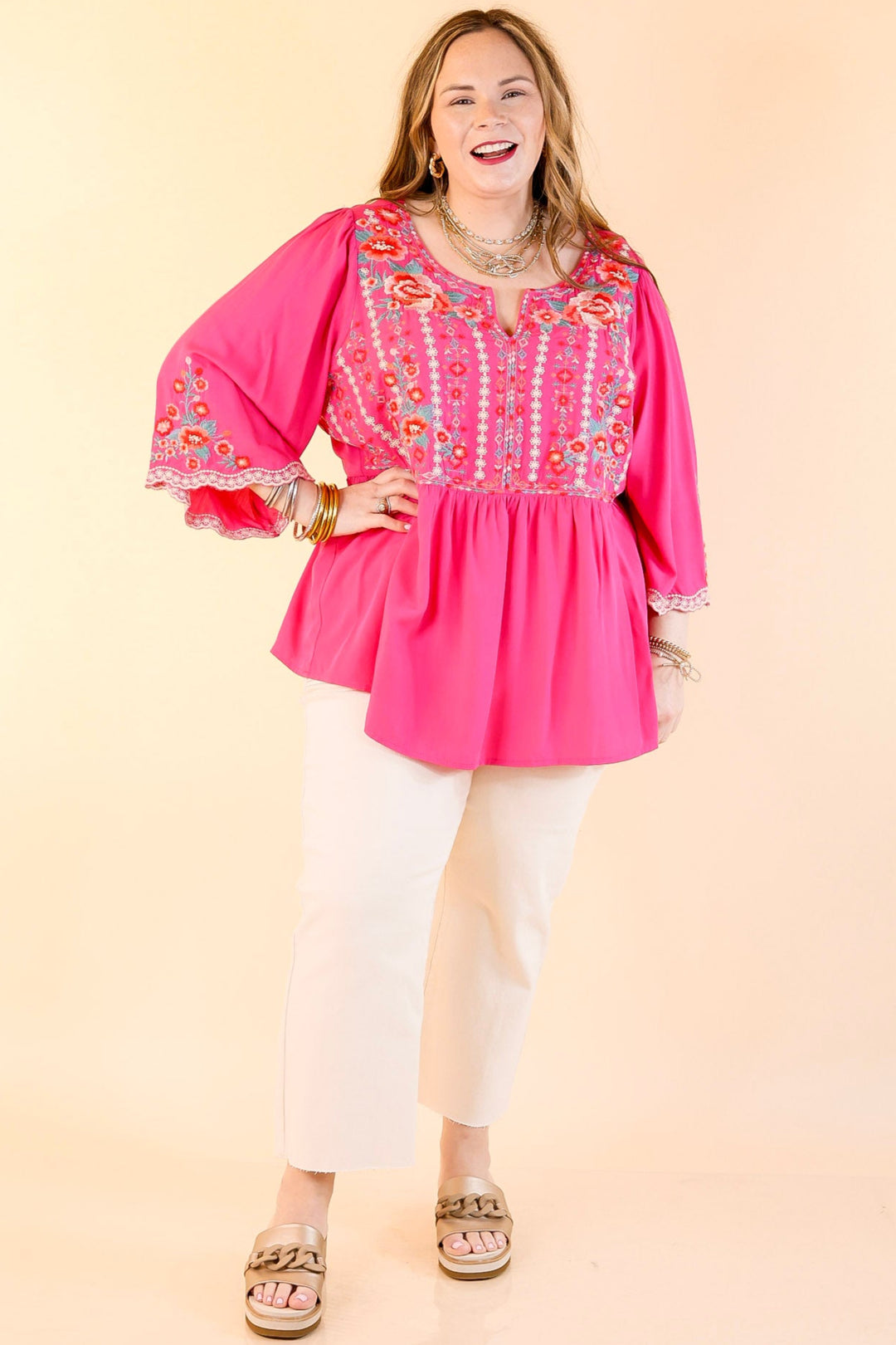 Already Mine 3/4 Bell Sleeve Embroidered Babydoll Top in Pink