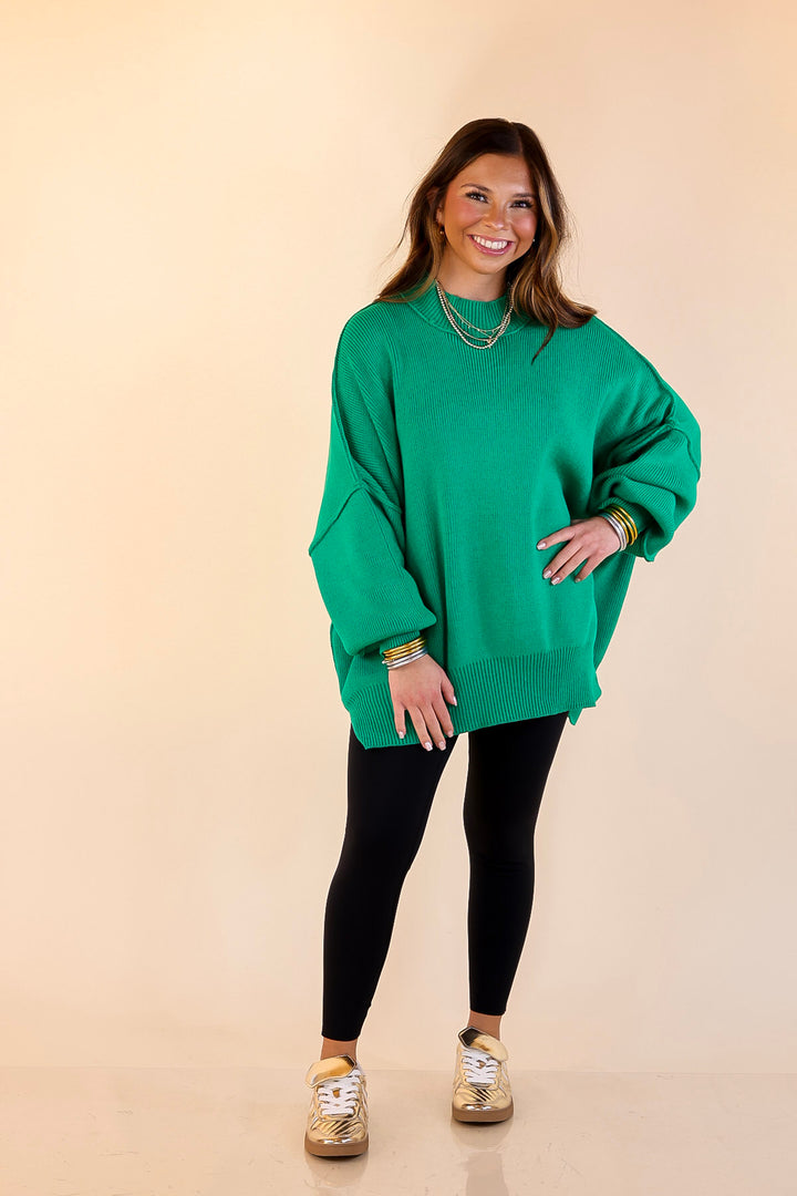 Snug and Stylish Mock Neck Sweater with Side Slit in Kelly Green