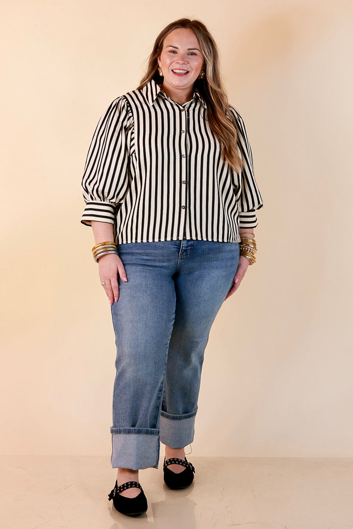 The Bold Type Striped 3/4 Sleeve Button-Up Top in Ivory with Black Stripes